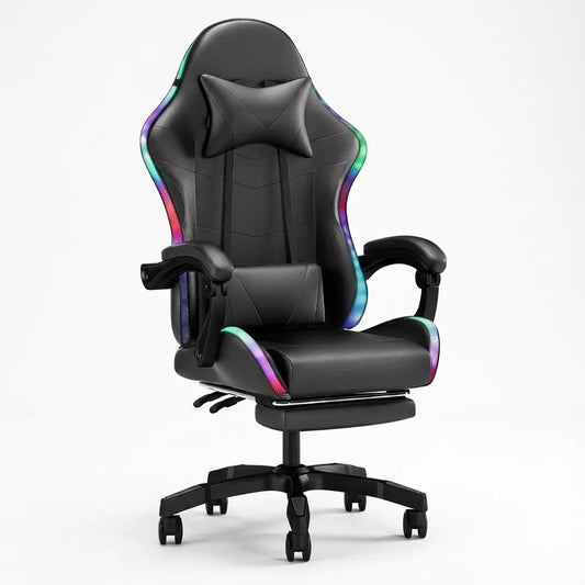 Chaise Gaming LED RGB Ergonomique à roulettes avec coussins lombaire et cervical
