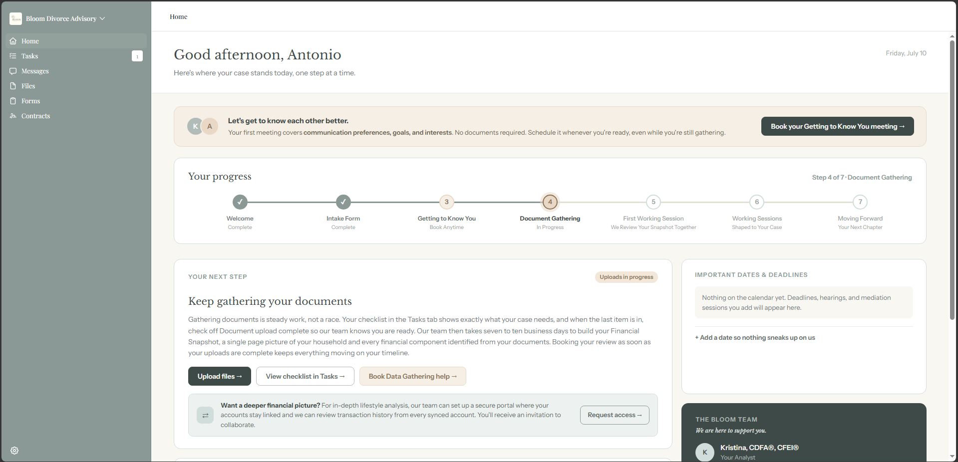 A custom client portal built for Bloom Divorce Advisory