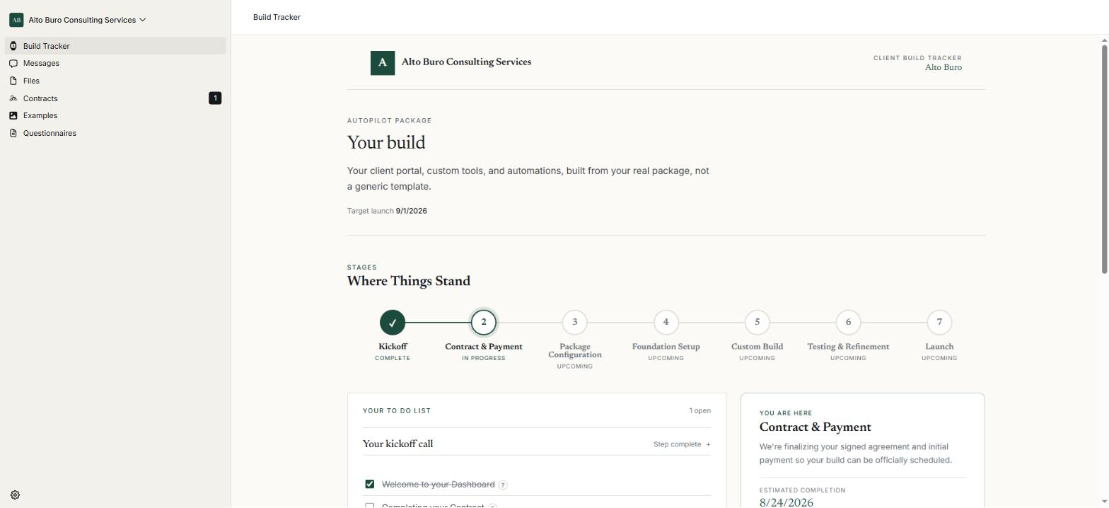 The Alto Buro client dashboard, showing build stages, the client to do list and key dates