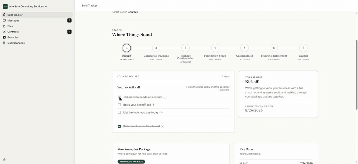 A client portal in use, moving between the build tracker, the task board and the files tab