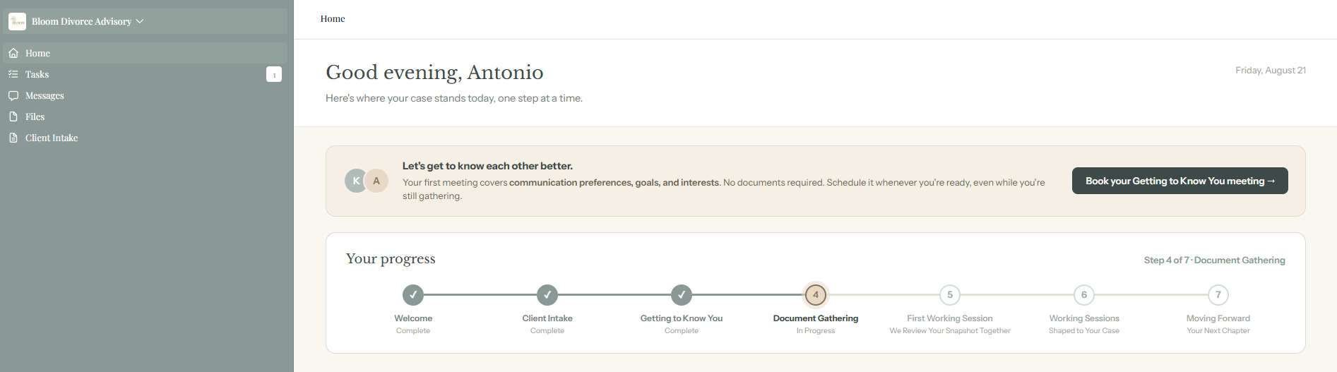Bloom Divorce Advisory client portal home screen, showing a seven step progress tracker and the next meeting to book