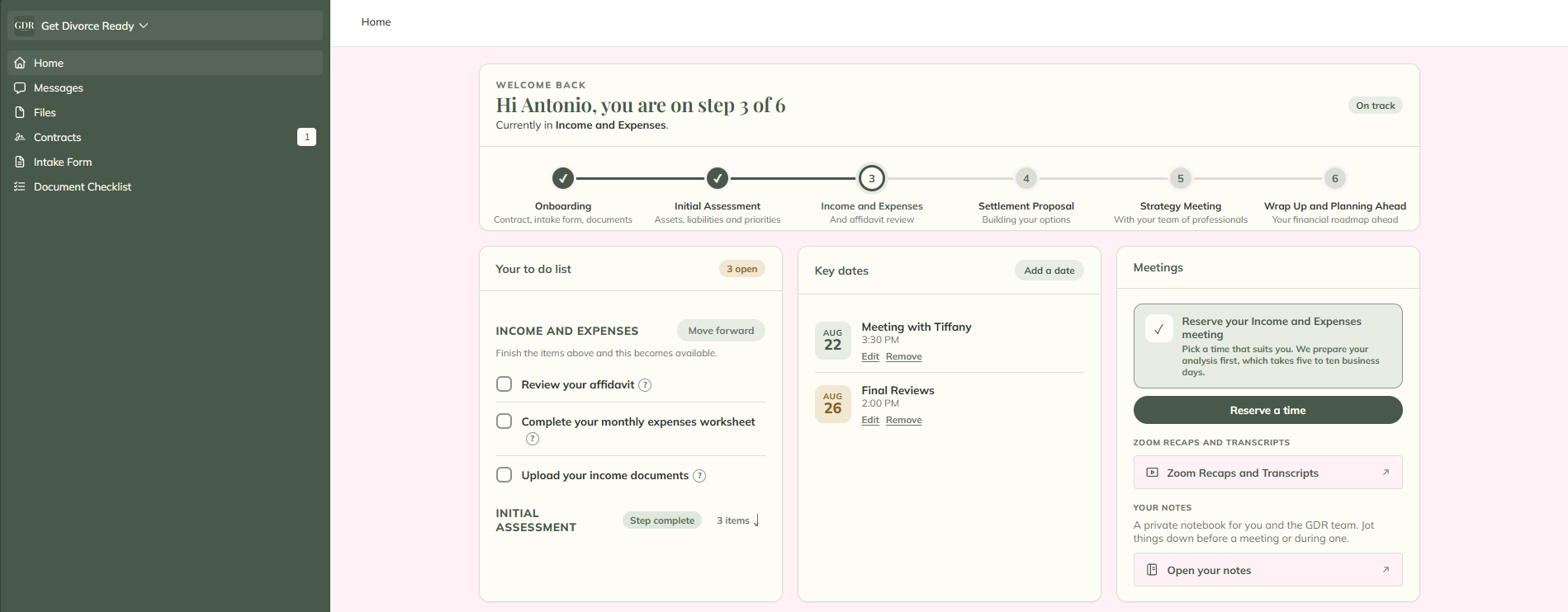 Get Divorce Ready client dashboard, showing a six step progress tracker, a to do list, key dates and meetings